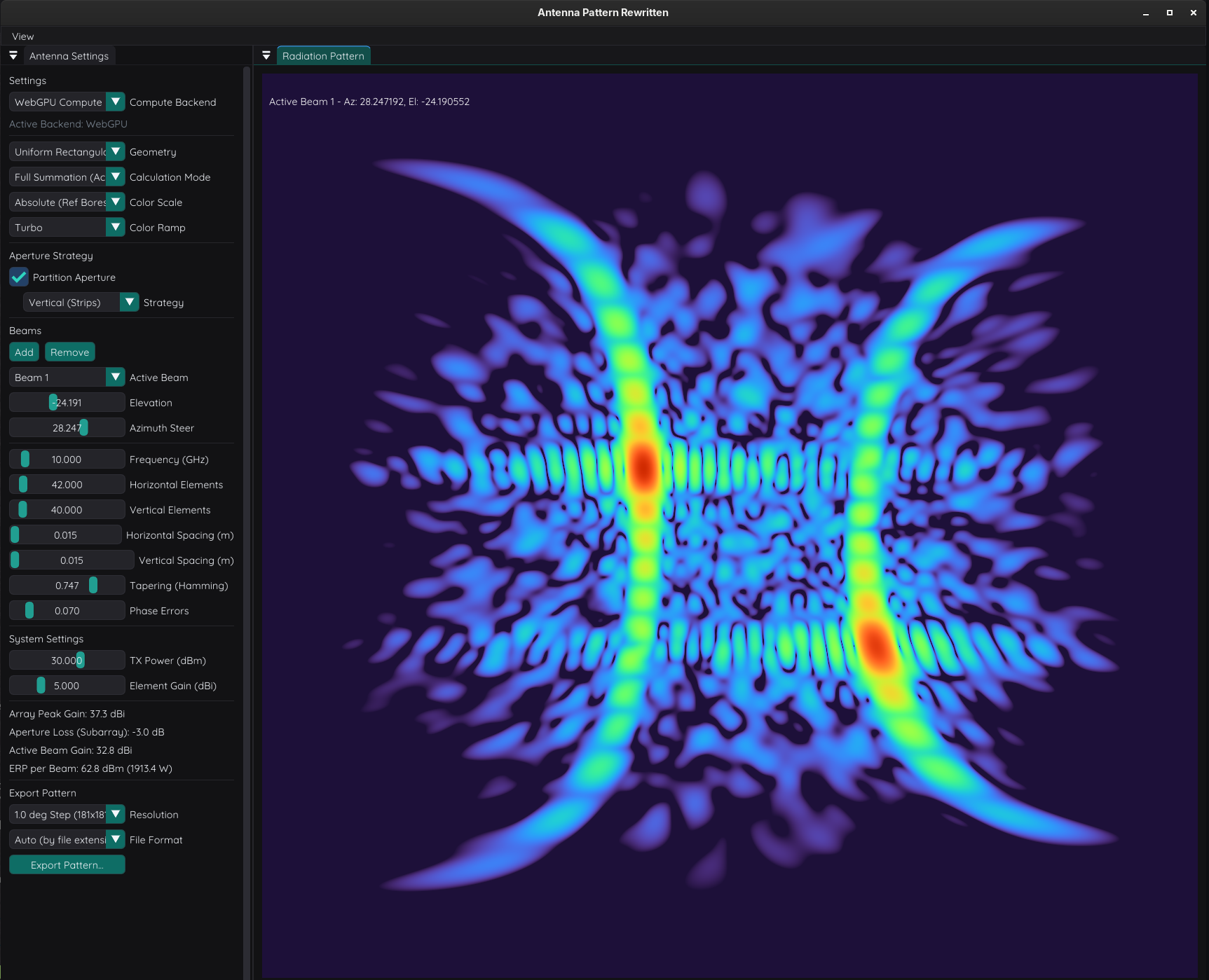 Antenna Pattern Simulation (Uniform Rectangular Array): 42×40 element grid with Hamming amplitude tapering (0.747), dual steerable active beams, grating lobe analysis, and WebGPU compute shader evaluation