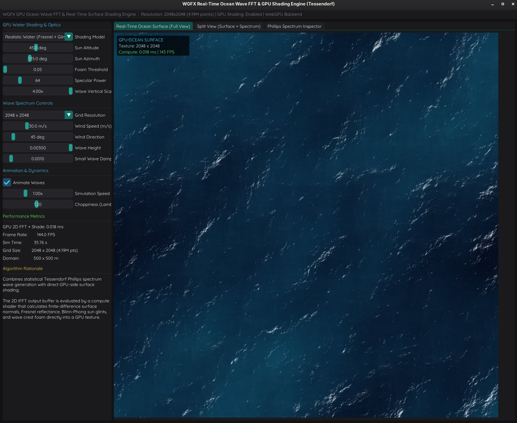 Real-Time Ocean Wave Simulation: 2048×2048 (4.19M points) 2D GPU IFFT Evaluated in 0.018 ms at 144 FPS with Fresnel Shading and Foam Generation