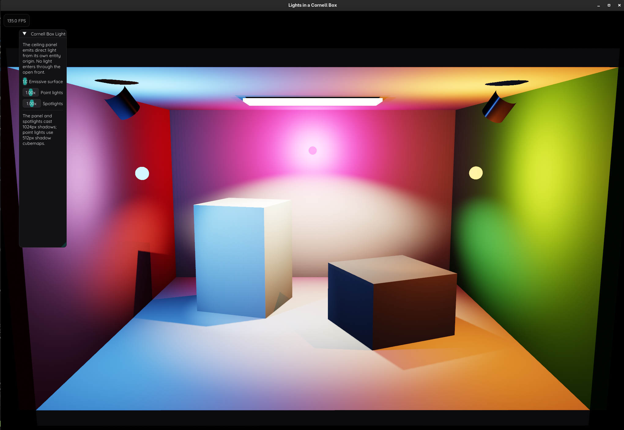 Clustered Forward Lighting in a Cornell Box: Emissive Panels, Spotlights with 1024px Shadows, and Point Lights with Shadow Cubemaps