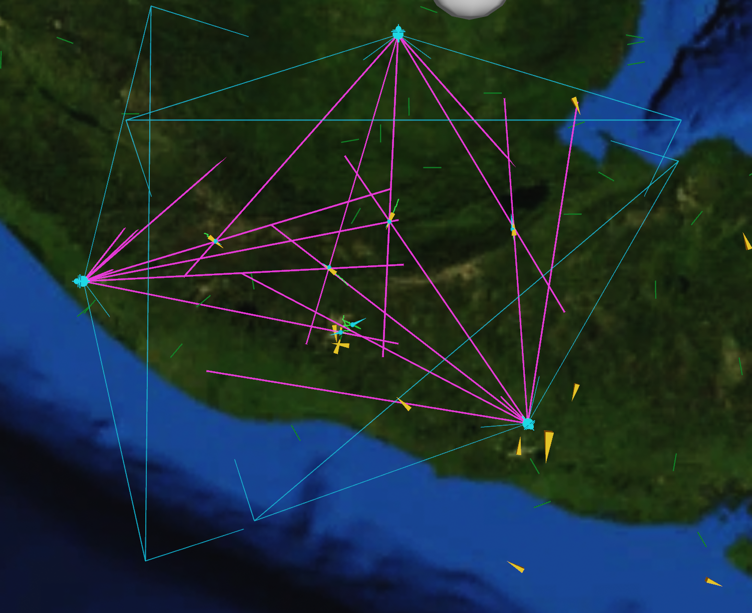 Passive RF Bearing Triangulation: Intersecting contemporaneous Line-of-Bearing (LOB) vectors in magenta from three distributed ground sensors to solve emitter coordinates without active radar emissions