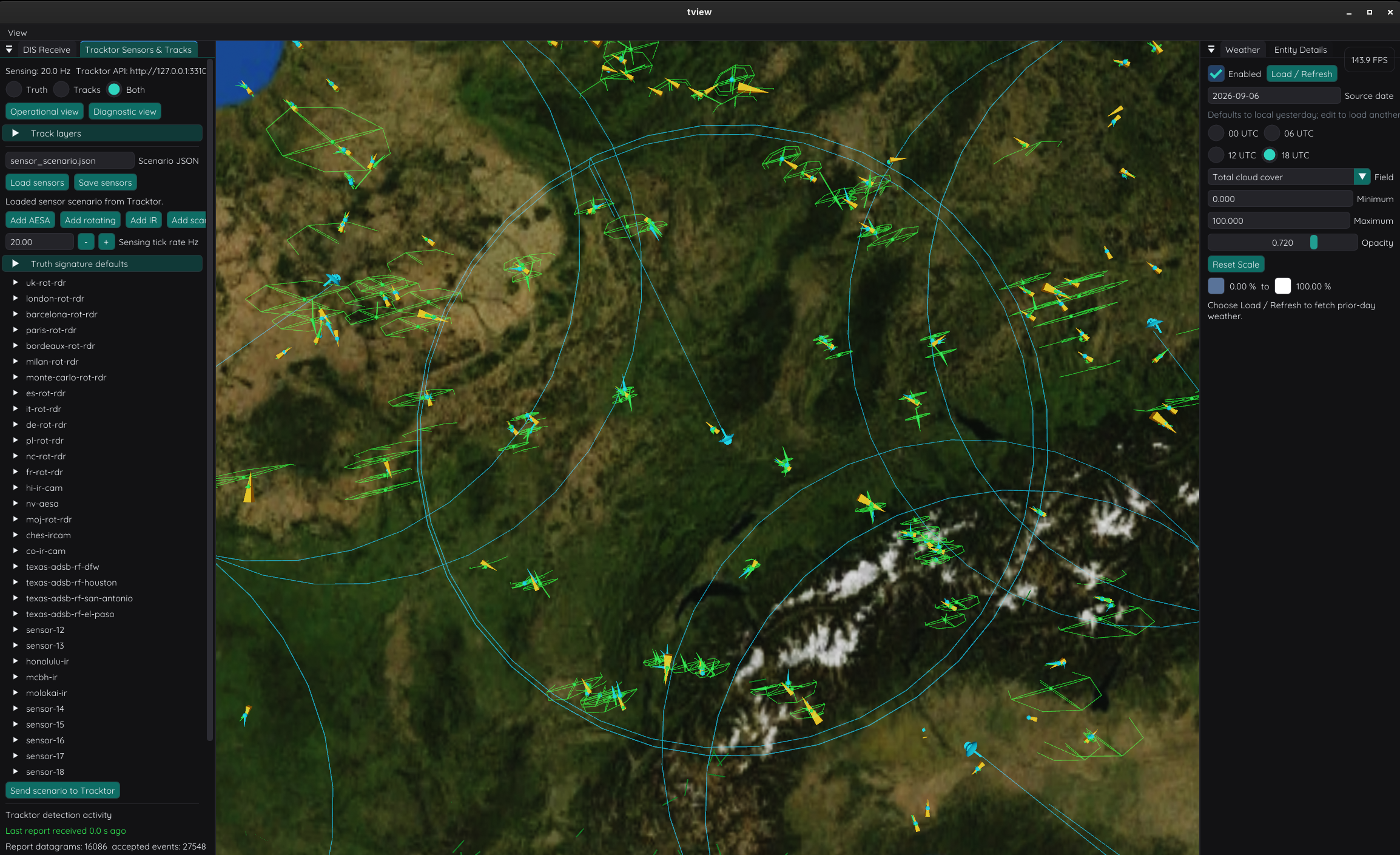 tracktor Multi-Radar Sensor Network in tview: Real-time rotating surveillance radar and AESA coverage rings across Europe, target truth kinematics, and 9D ECEF Kalman filter covariance uncertainty ellipsoids evaluated at 20 Hz / 144 FPS