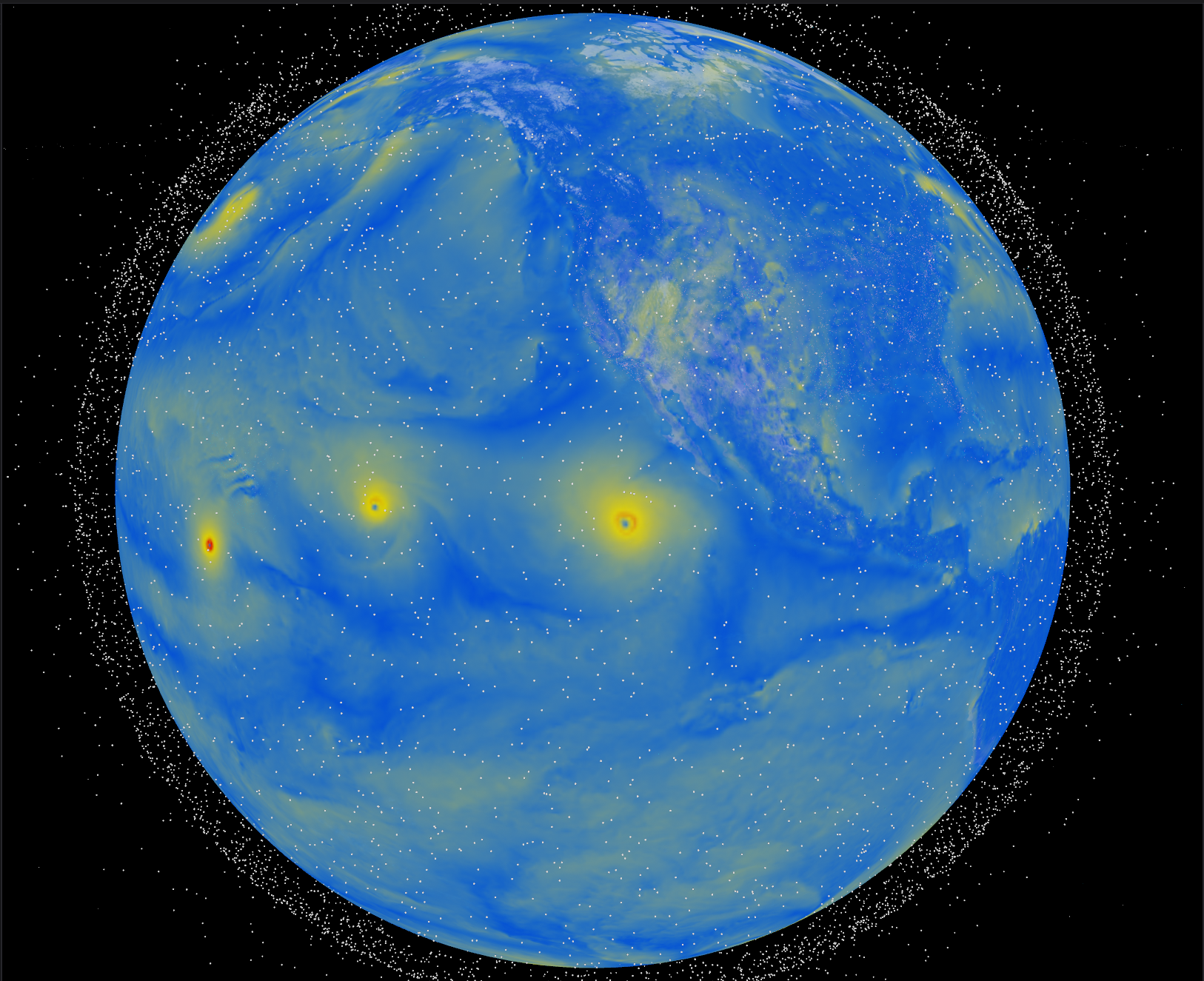 Atmospheric Wind Velocity Fields: Dynamic global wind speed and directional flow streamlines resolving Pacific cyclonic storm vortices and typhoon eyes