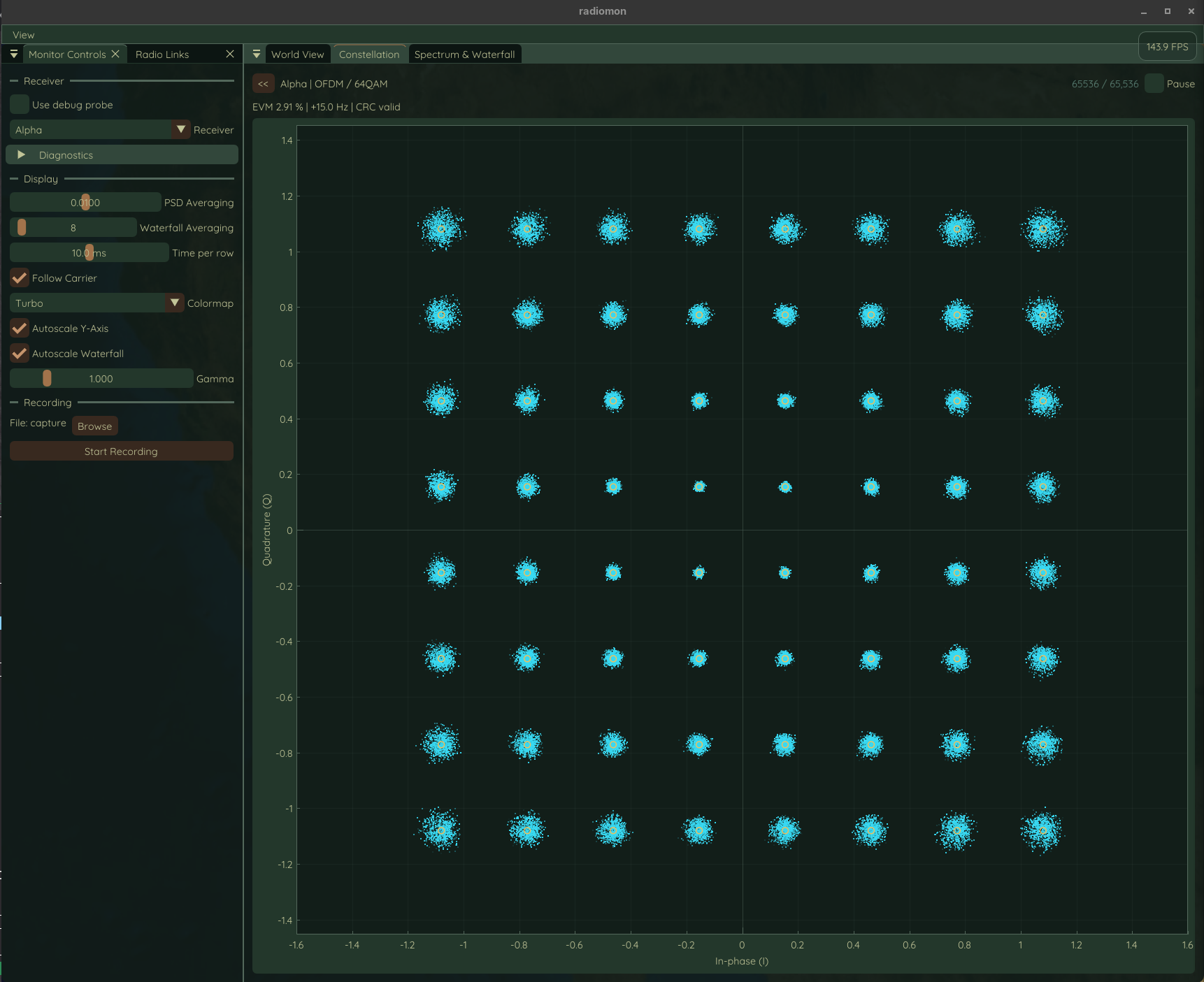 radiomon showing Alpha’s corrected OFDM/64QAM constellation, ideal targets, and decode status